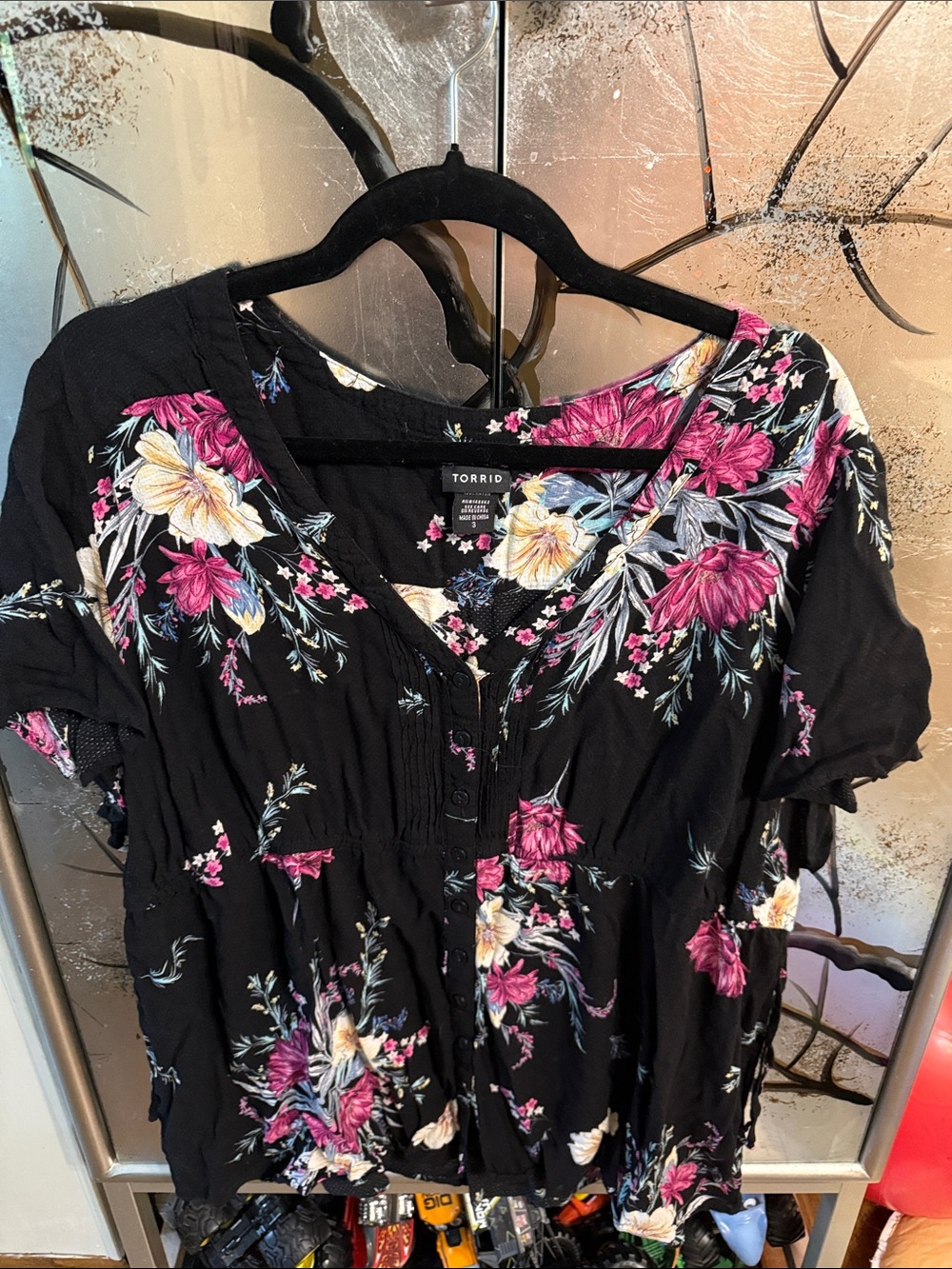 torrid Black Floral Button-Front Peplum Blouse with Pink & Cream Blooms